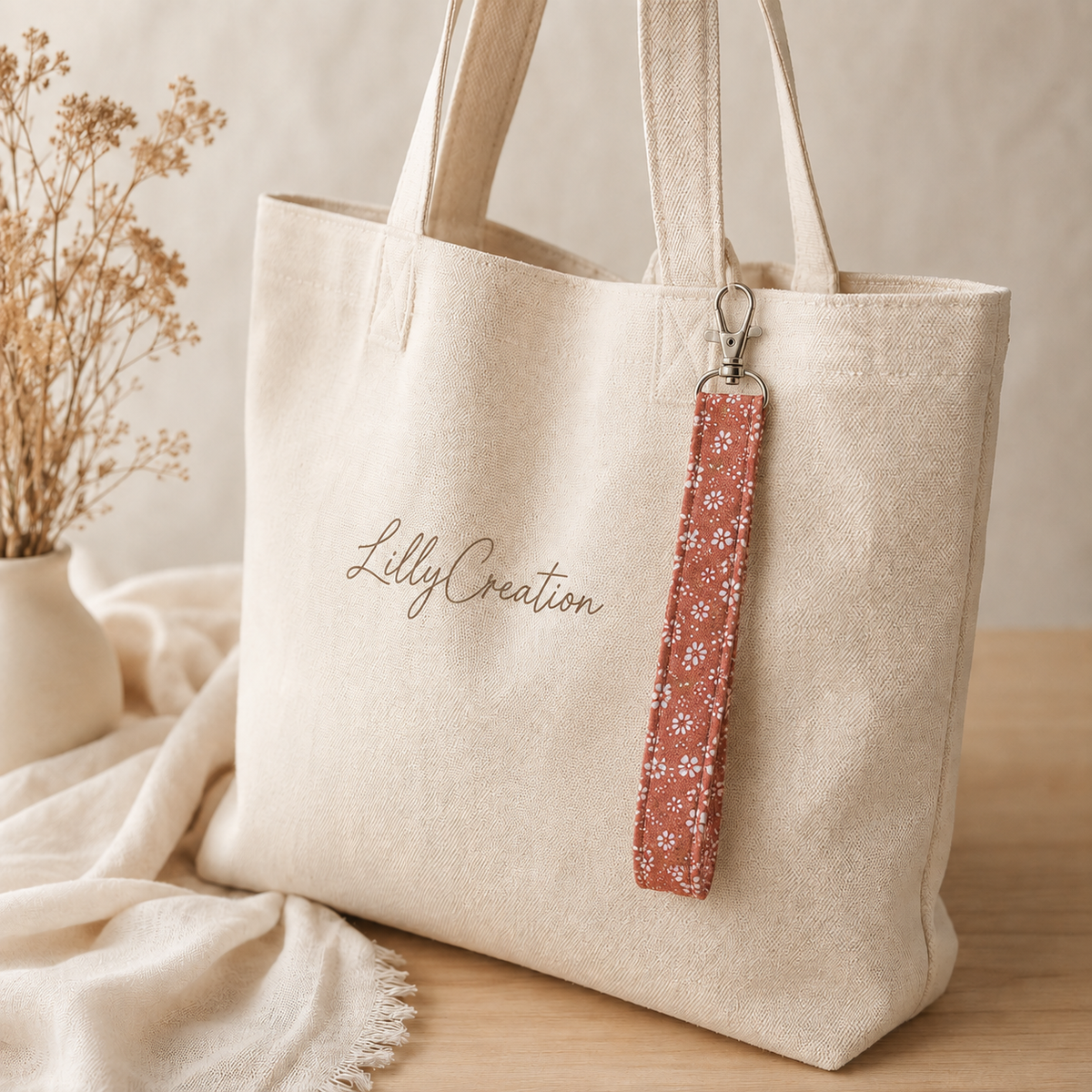 Dragonne porte-clés fleurs de cerisier rose saumon, fait main LillyCreation