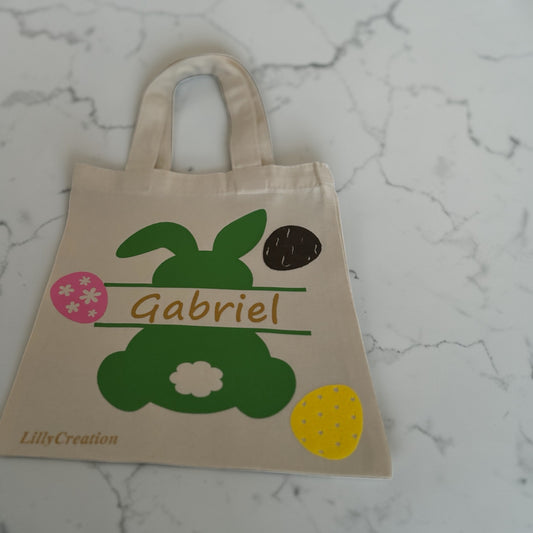 Tote bag de Pâques personnalisé – sac chasse aux œufs enfant – lapin + prénom