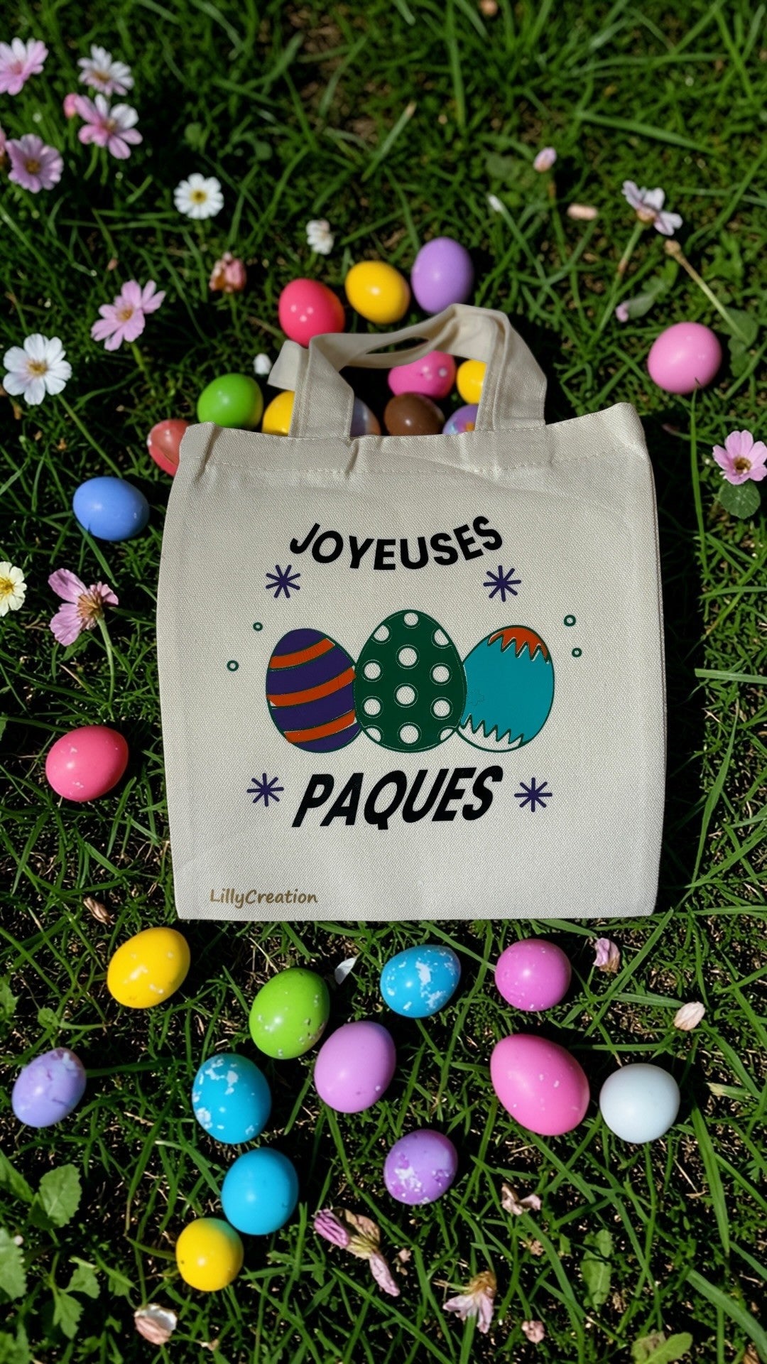 Tote bag de Pâques personnalisé – sac chasse aux œufs enfant – lapin + prénom