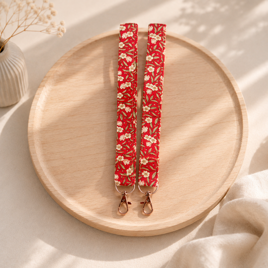Dragonne porte-clés fleurs crème sur fond rouge vintage, fait main LillyCreation