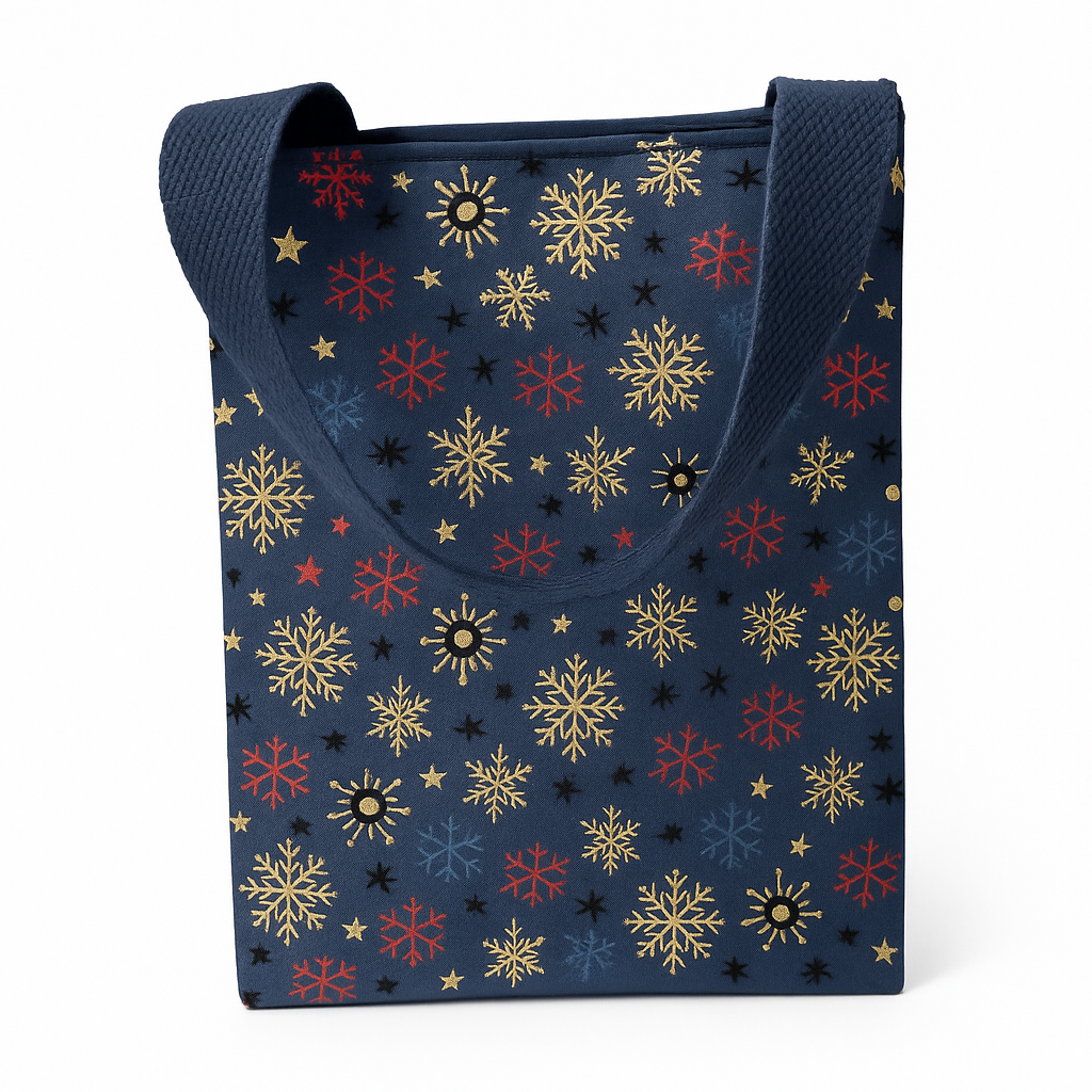 Lot de 3 sacs cadeaux réutilisables en tissu – Art déco bleu, Flocons d’hiver et Rose élégant