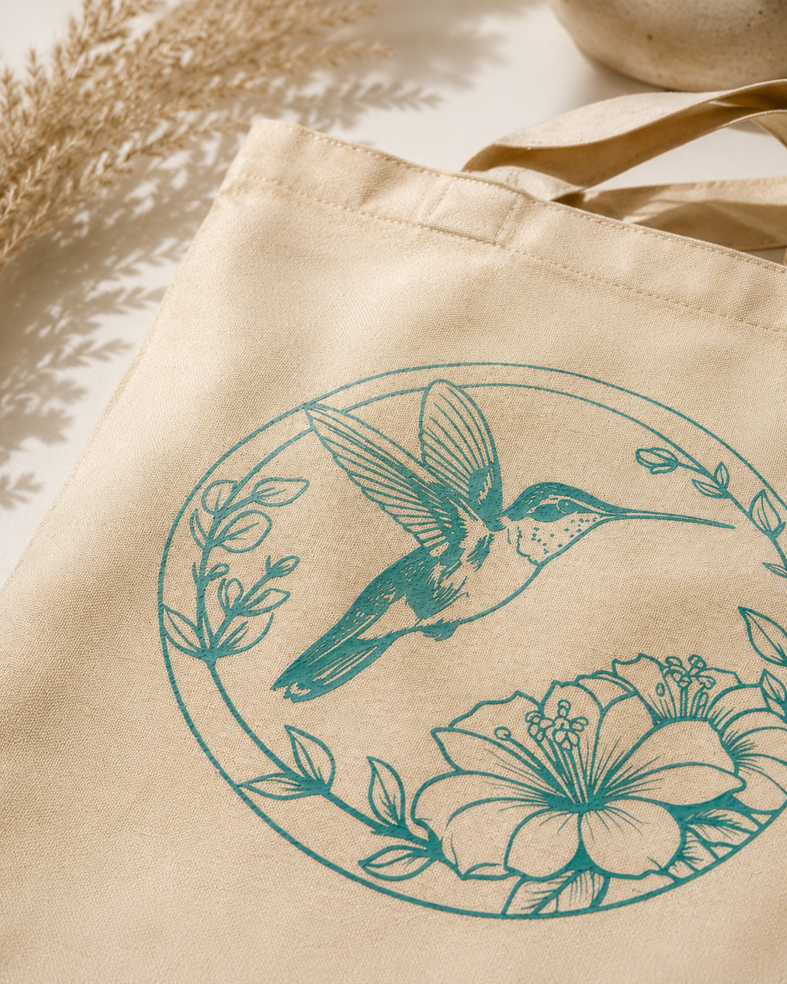 Gros plan du motif colibri turquoise, fleurs et feuillage floqués