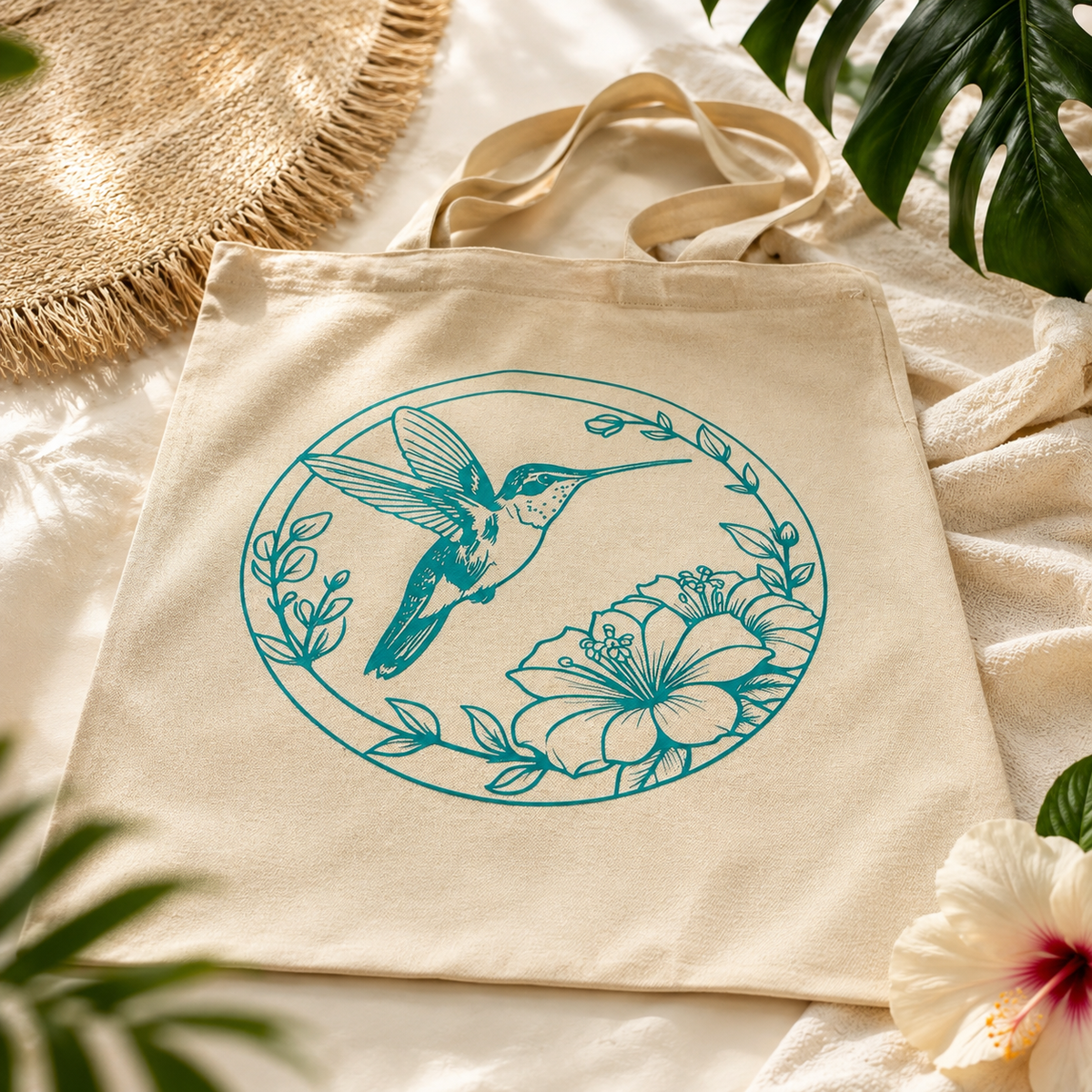 Tote bag colibri turquoise floqué sur coton écru, posé, fait main LillyCreation