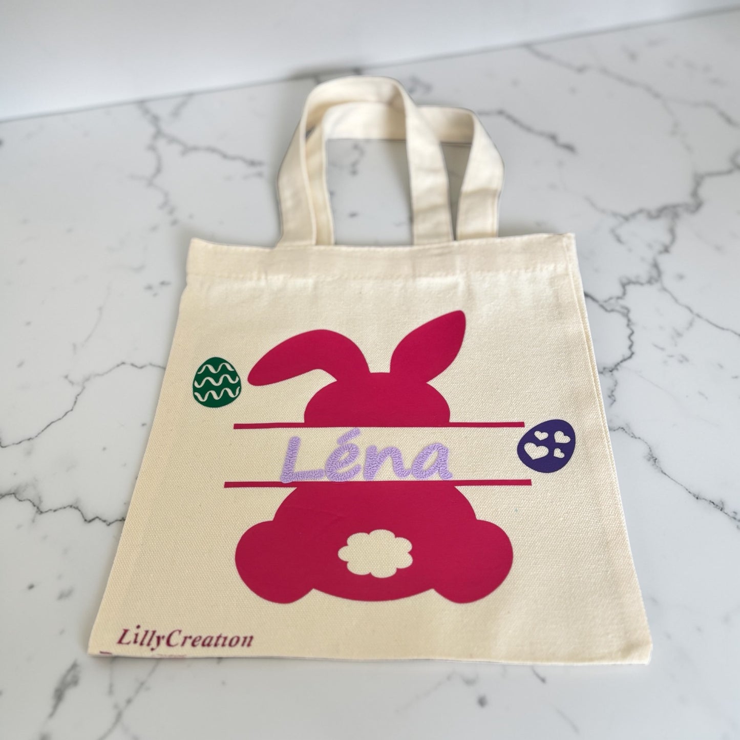 Tote bag de Pâques personnalisé – sac chasse aux œufs enfant – lapin + prénom