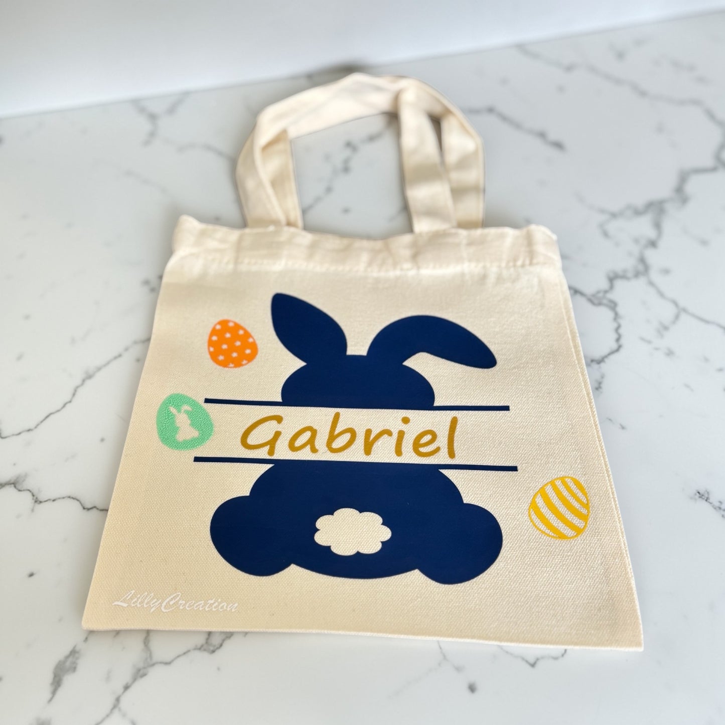 Tote bag de Pâques personnalisé – sac chasse aux œufs enfant – lapin + prénom