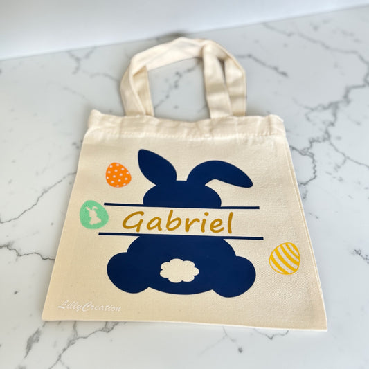 Tote bag de Pâques personnalisé – sac chasse aux œufs enfant – lapin + prénom