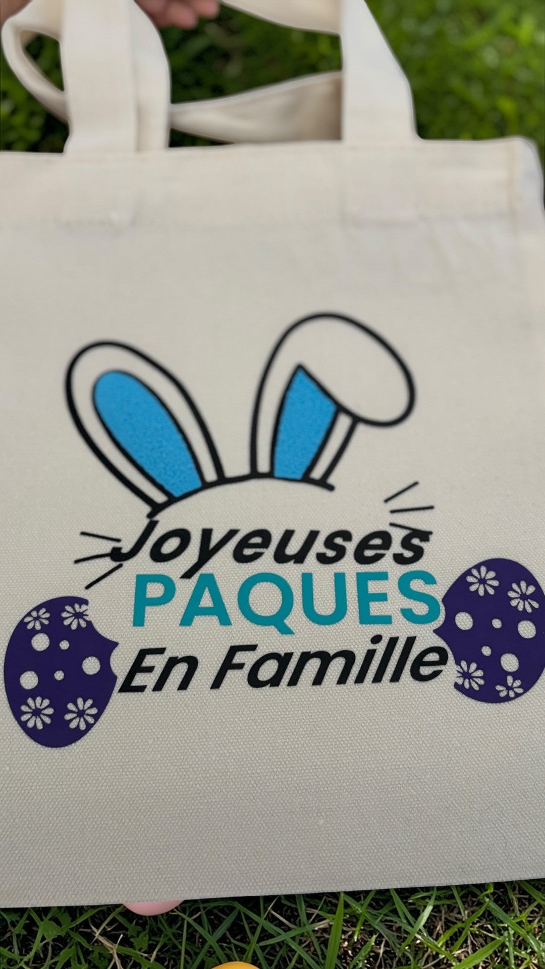 Tote bag de Pâques personnalisé – sac chasse aux œufs enfant – lapin + prénom